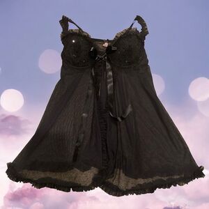 Y2K Victoria’s Secret 36B Push‎ Up Ruffled Lace Babydoll Top Black Sequin Mesh
